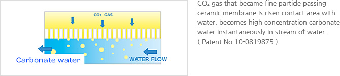 CO2 gas that became fine particle passing ceramic membrane is risen contact area with water, becomes high concentration carbonate water instantaneously in stream of water. ( Patent No.10-0819875 )